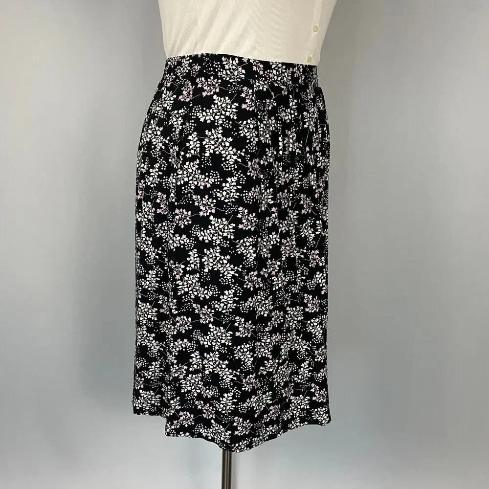 Knee Length Skirt Size Large Petite PL Black White Ditsy Floral A Line Y2K 90s